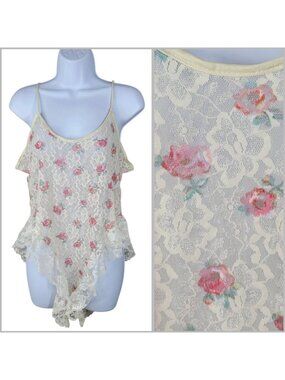 NEW Petra Crotchless Lace Teddy Large Body Suit Floral Rose 80s Vintage Cream